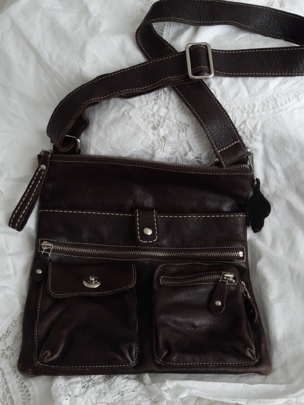 Roots Venitian Dark Brown Leather Crossbody Bag with Front Pockets